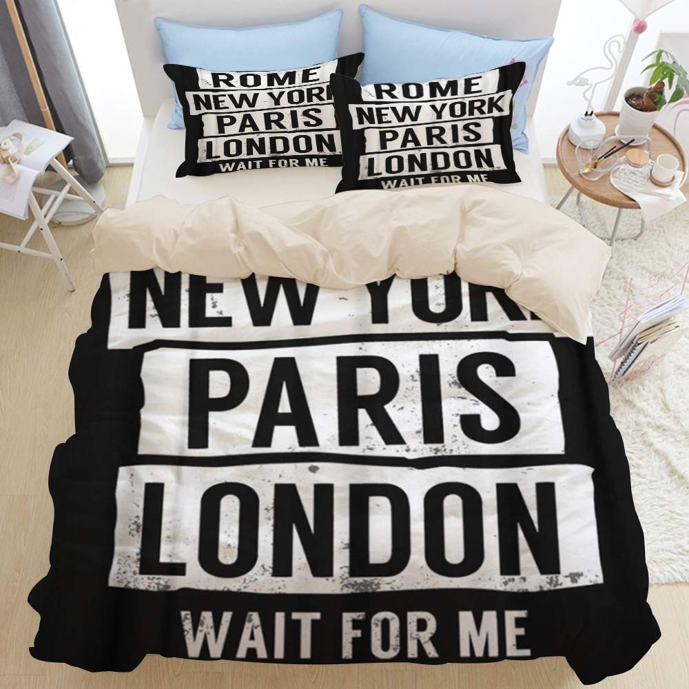 JOSENI Duvet Cover Set Cool Rome New York Paris London Slogan for Graphics Decorative 3 Piece Bedding Set with 2 Pillow Shams Queen Size