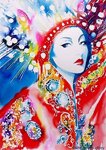 Papillon Rouge Oriental Headdress Fashion Illustration Art Print Interior Design Red Teal Colorful