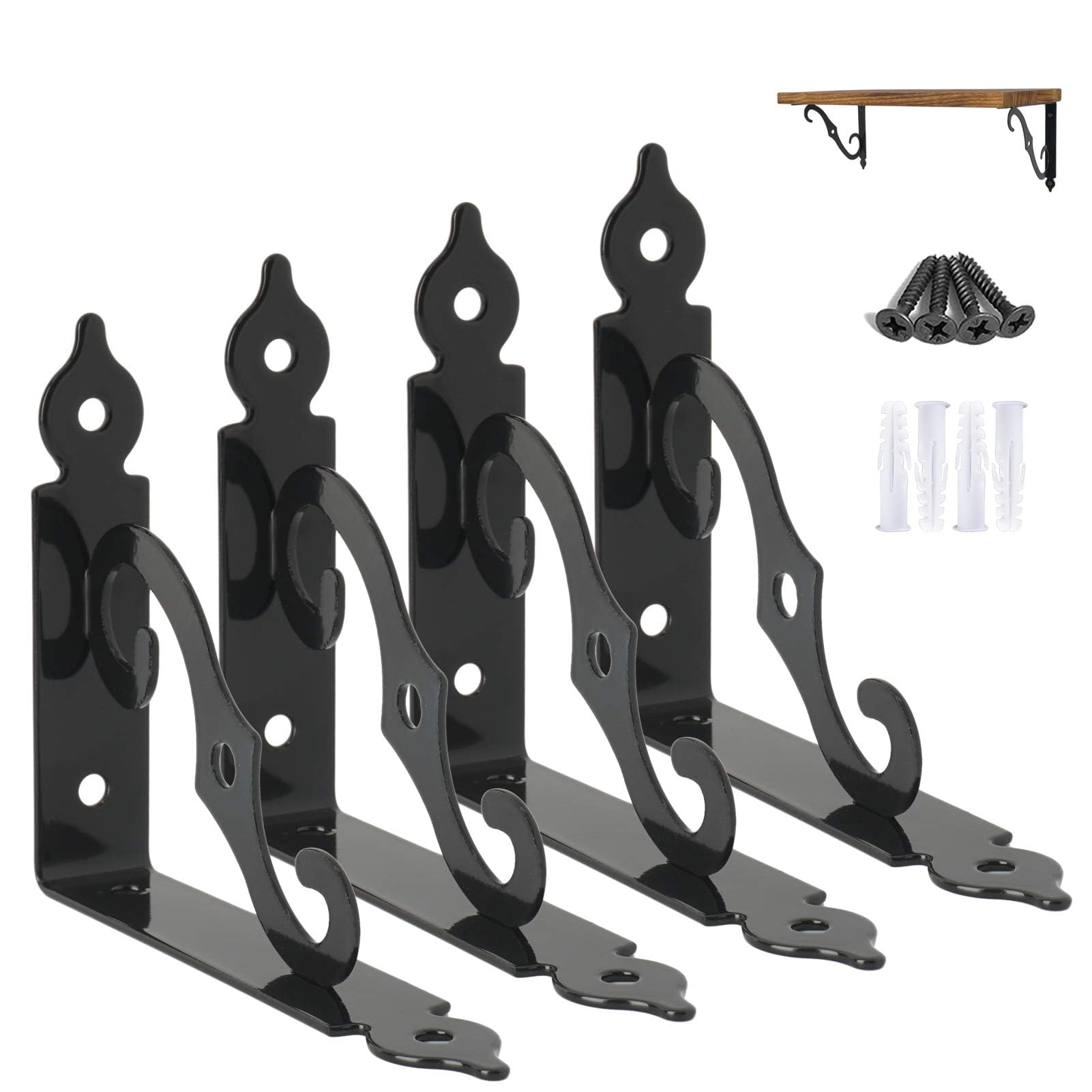Ouvin Decorative Wall Brackets 4 Pack Retro Black White Heavy Duty L Corner Brace Shelf Support Floating Metal Brackets with Screws (140 mm/5.5 inch) Black