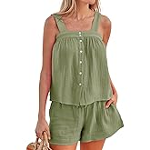 Sotimoon Womens Summer 2 Piece Short Set Sleeveless Button Down Top and Shorts Cotton Pajama Sets