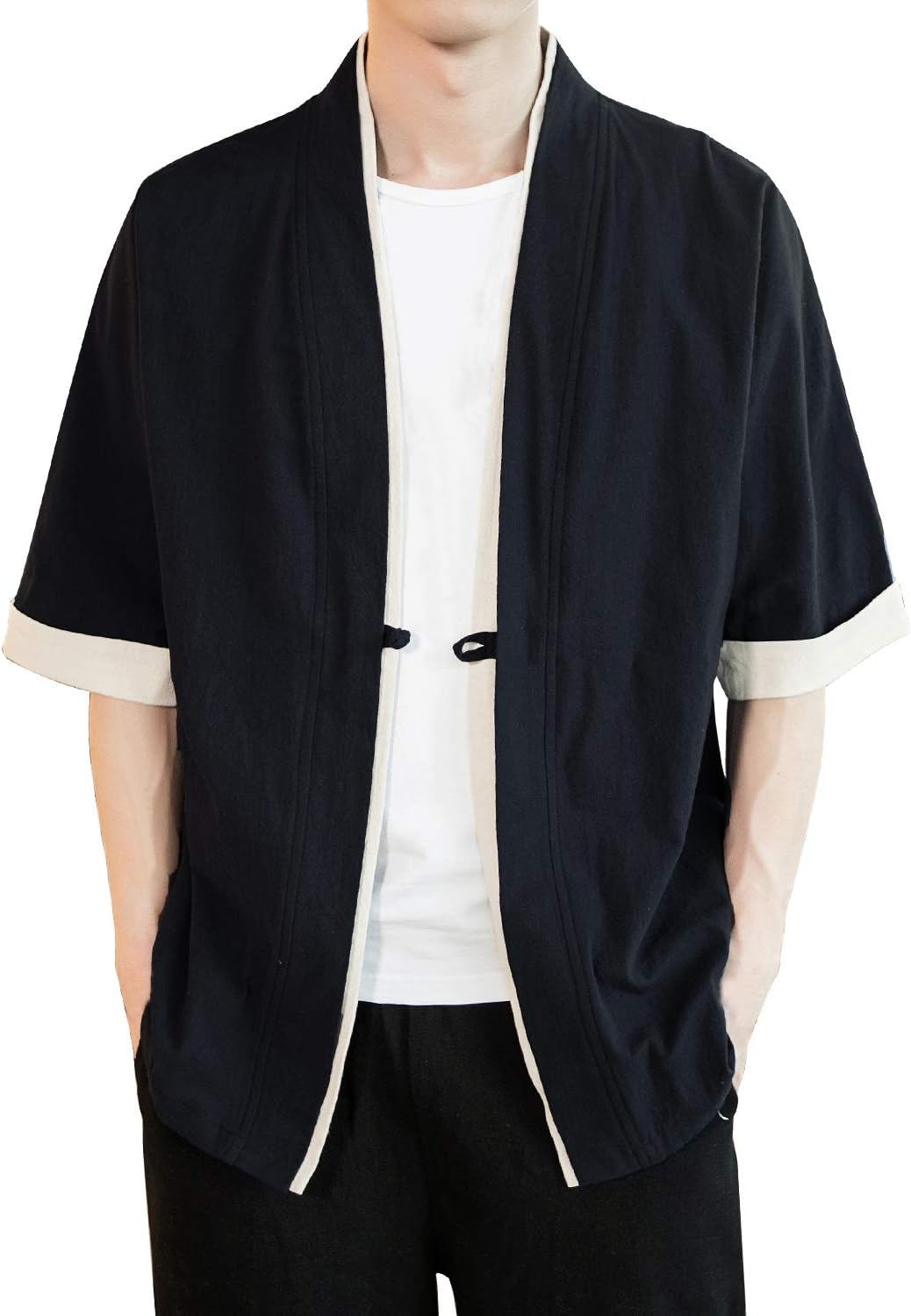 Earlish Men's Kimono Cardigan Linen Open Front Chinese Ethnic Style Yukata Coat Top