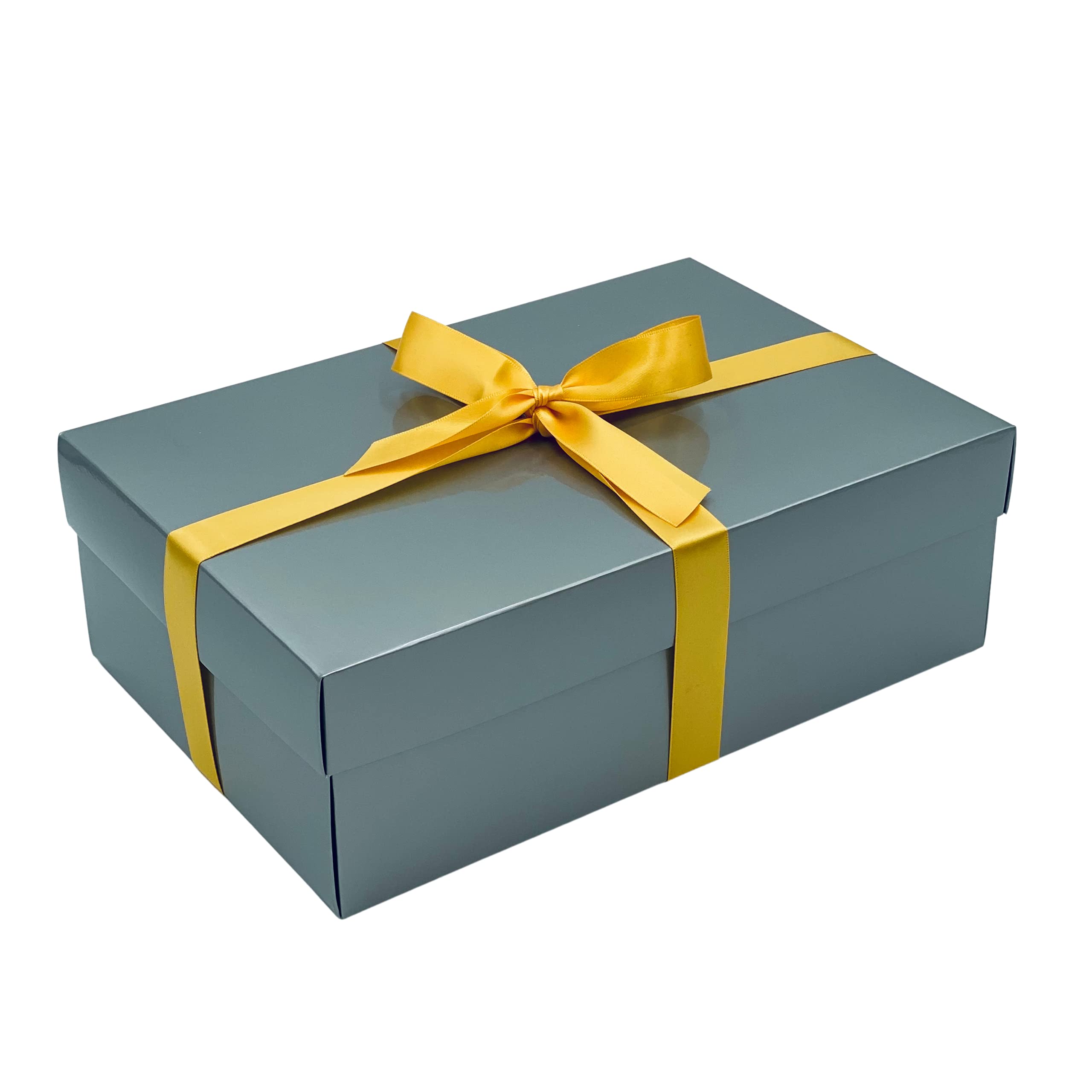 Silver Gift Box With Lid | Choose Your Ribbon Color | Large Flat-Packed Hamper Boxes | Size 30x20x10cm (Mustard Ribbon Included)