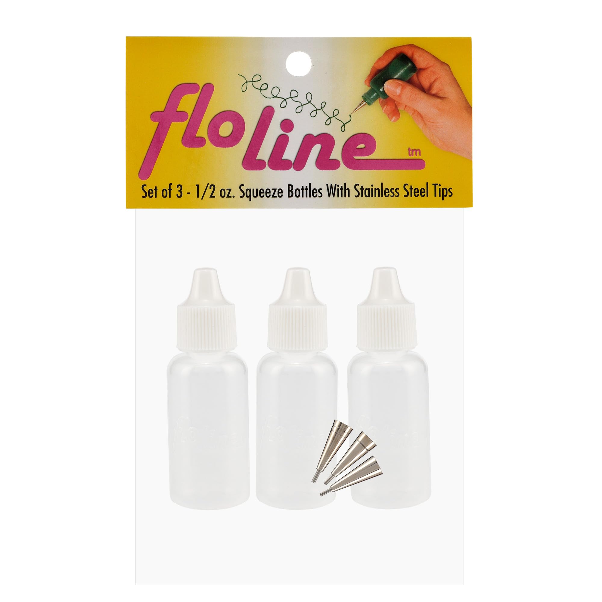 Flo Line Precision Tip Applicator Bottle - Fine Tip Squeeze Bottles for Fluid Media, Inks, Acrylics, Watercolor, Quilling, Paint Bottles with Tip Pack of 6 - 0.5oz bottles w/ 0.5, 0.7, 0.9 Metal Tips