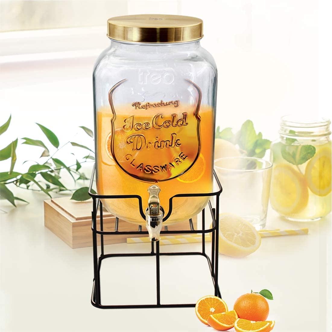 LVOOK Transparent Glass Made Juice Water Beverage Dispenser With Attached Tap And Metal Stand