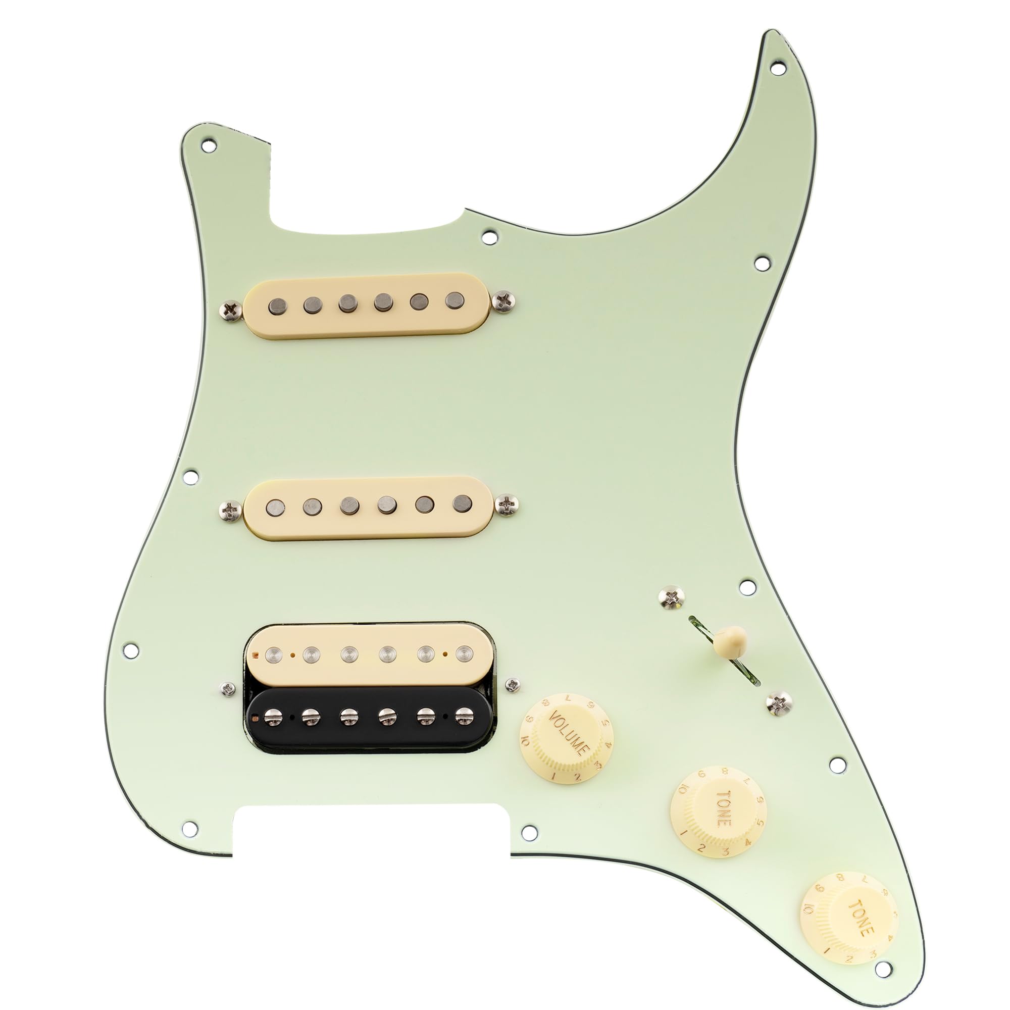Musiclily Pro Auto-Split Pre-wired Standard HSS Pickguard with Artec Pickups Alnico 5 Magnet for ST Style Electric Guitar, 3ply Mint Green