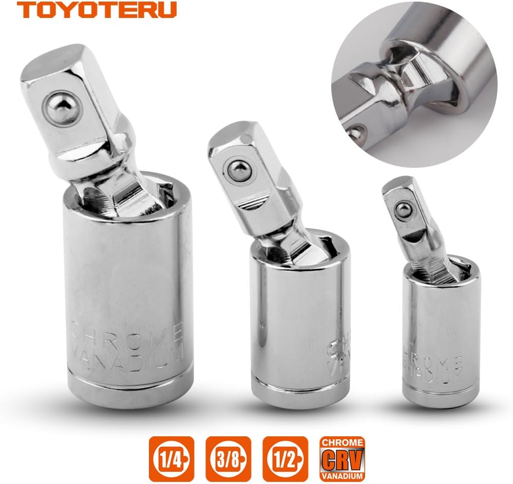 TOYOTERU Universal Joint Set 3-Piece Set:1/4”,3/8”,1/2” Drive Chrome U Joint Sockets Accesses Hard to Reach Fasteners