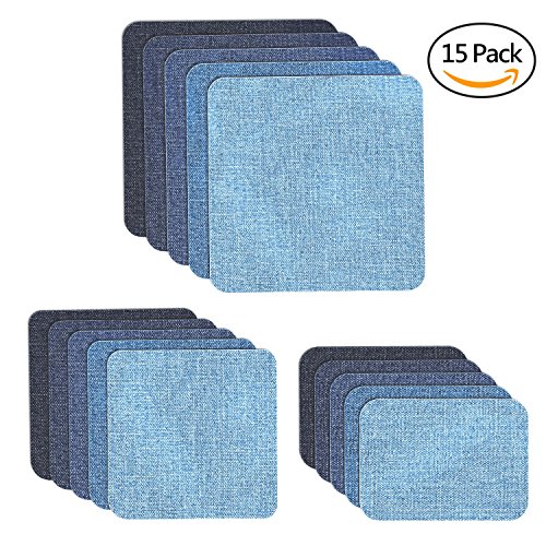 Muscccm 15 Pcs 5 Colors Iron On Sew On Denim Patches For DIY Clothing Jeans Jackets Bags Iron-on Repair Kit 3 Size (5 x 5 Inch, 3 x 3 Inch, 3 x 2 Inch)