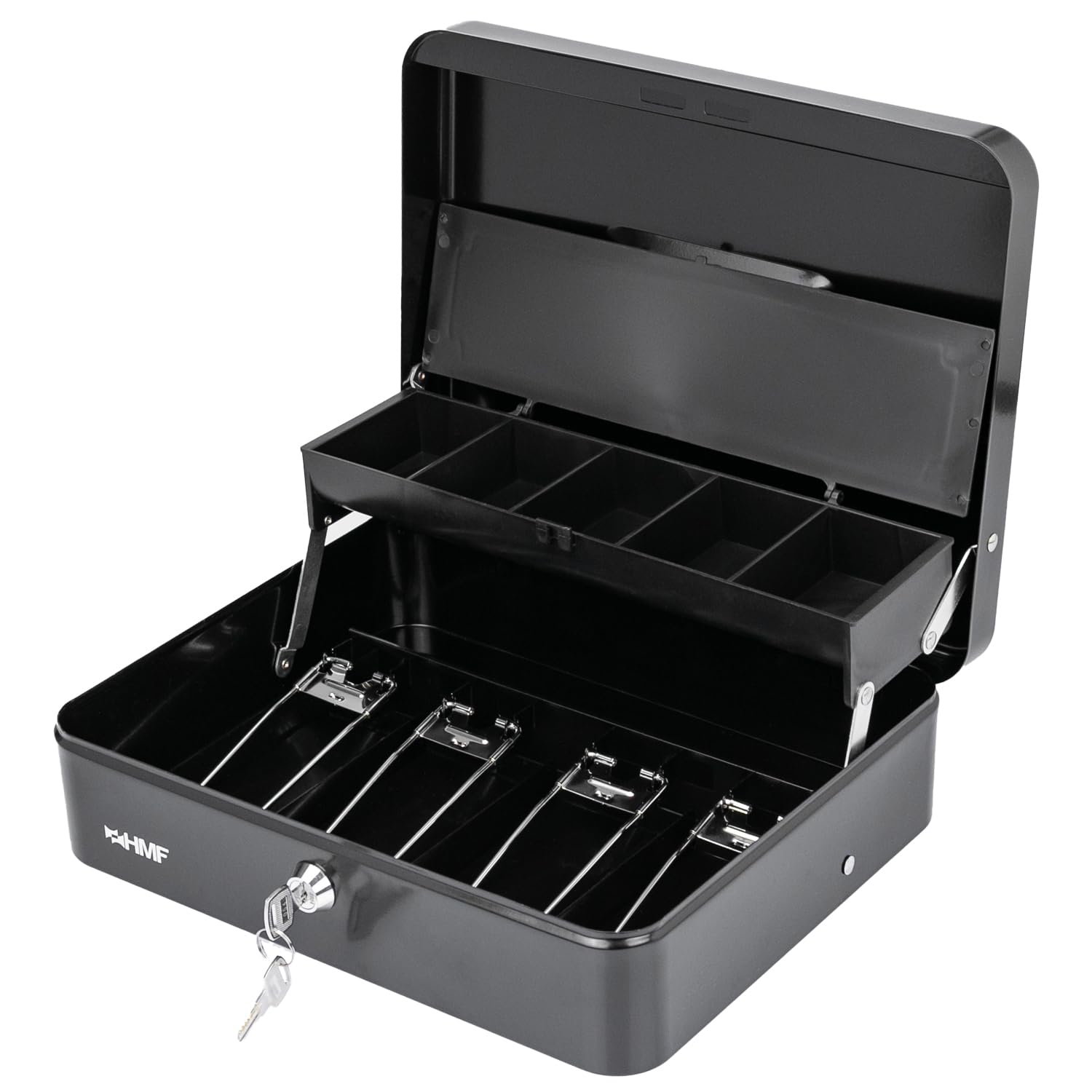 HMF 15230-02 Lockable Cash Box with Coin Insert and 4 Note Compartments with Clip 30 x 24 x 9 cm Black
