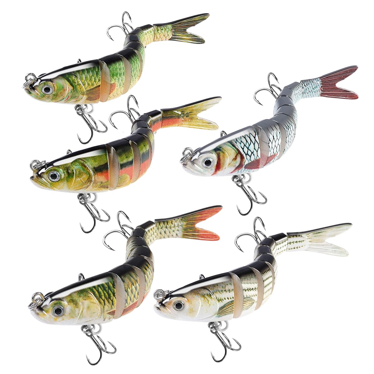 RYACO Fishing Lures for Bass Trout, Lifelike Pike Swimbait for Freshwater and Saltwater, Multi Jointed Segmented Pike Bait with Hooks, Slow Sinking, Family Fishing Gear Gifts, 5PCS