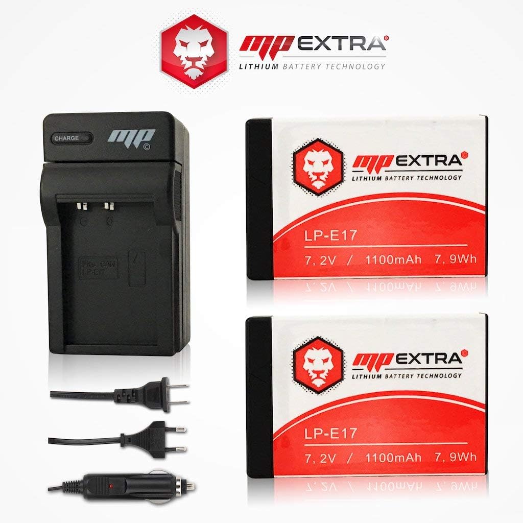 Pack of 2 batteries LP-E17, LPE 17 + Europe / US charger + cigarette lighter adapter for CANON EOS 200D, EOS 750D, EOS 760D, EOS 770D, EOS 77D, EOS 800D, EOS KISS X8I, EOS M3, EOS M5, EOS M6, EOS REBEL SL2, EOS REBEL T6I, EOS REBEL T6S. - MP EXTRA®