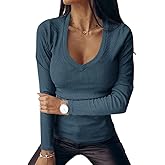 Fessceruna Womens Long Sleeve Shirts Tops Fall Deep V Neck Ribbed Casual Slim Fit Basic Sexy T-Shirt 2025