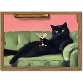 Funny Black Cat Martini Wall Art, Bar Cart Decor, Eclectic Cocktail Painting Canvas Print, Cute Animal Artwork Picture for Bedroom Living Room Kitchen 12x16 inch Wood Framed