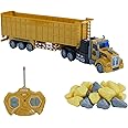 CALEST Remote Control Semi Dump Truck with Trailer Includes Simulated Stones, 14" 1:48 Trailer Dump Truck Toy, Equipped with 2 Rechargeable Batteries, Gifts Ideas for Boys Age 3-8 Year Old