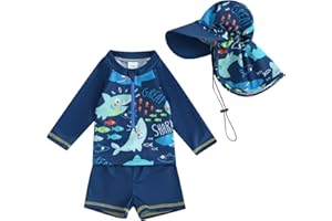 NICOXIJIA Baby Toddler Boys 3-Pieces Swimsuit Sets Long Sleeve Shark Bathing Suit Rash Guards Swimwear with Sun Hat UPF 50+