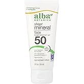 Alba Botanica Sunscreen for Face, Fragrance-Free Sheer Mineral Face Sunscreen Lotion, Broad Spectrum SPF 50, Water Resistant and Biodegradable, 2 fl. oz. Bottle (Packaging May Vary)