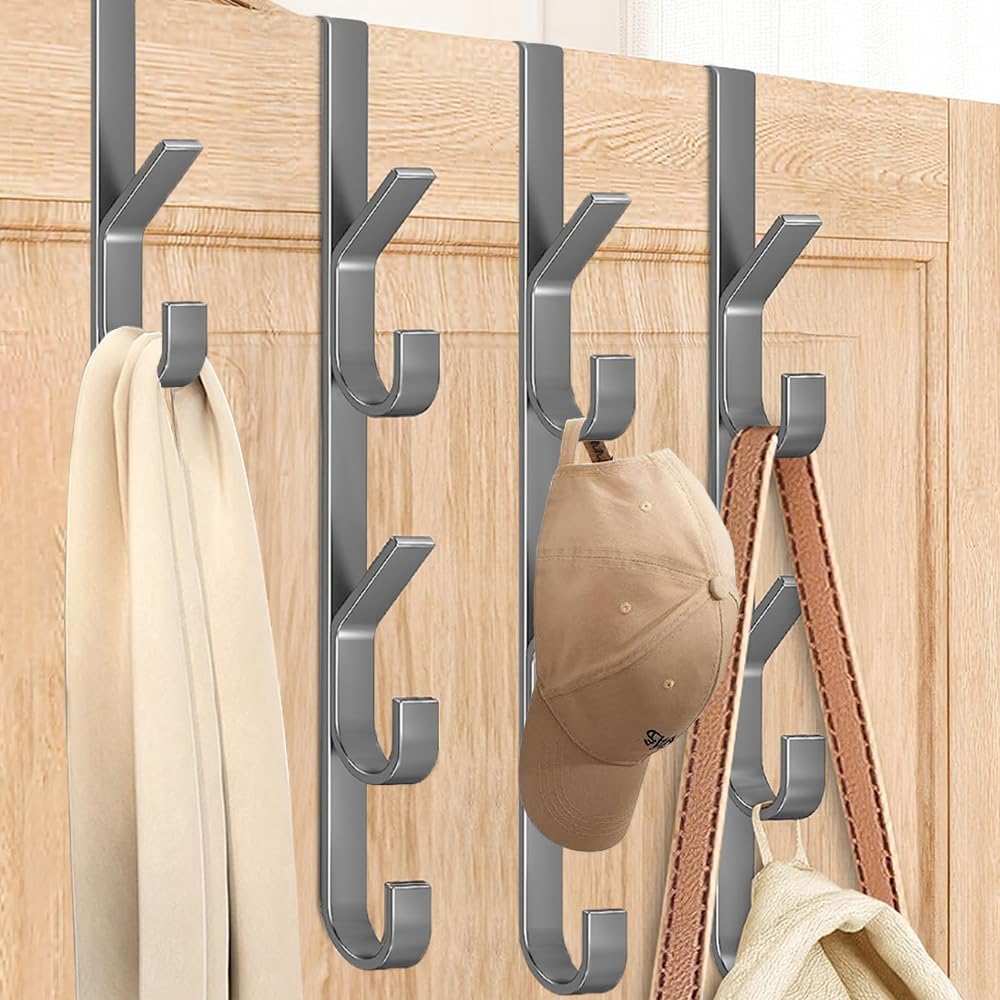 JOAASU Over The Door Hooks, 4 Packs Over Door Hooks, Stainless Steel Over Door Hanger, 30 CM, Strong and Durable for Bedroom Coats Hanging, Clothes, Towel, Hats, Bags (Grey)