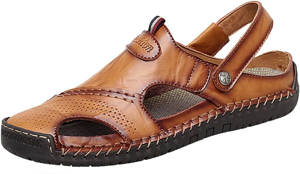 Yaer Men's Outdoor Leather Sandals, Hand Stitching Closed Toe Sandals Beach Slippers