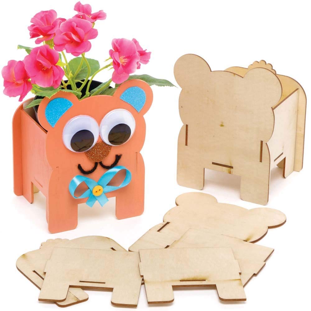 Baker Ross FE371 Teddy Bear Wooden Flowerpot Craft Kits - Pack of 3, Make Your Own Flower Pot, Planting Pots for Children to Decorate, Creative Activities for Kids, Small