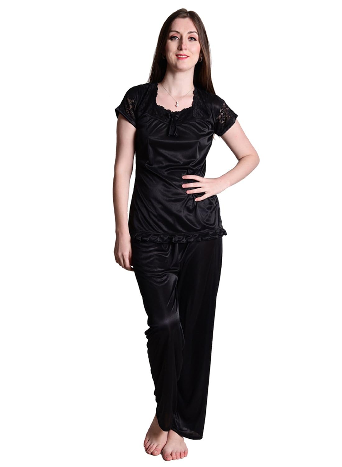 senslife soft & smooth satin solid nightwear short sleeve night suit top & pajama set sl009
