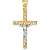 Real Gold Crucifix Cross Pendant for Men and Women in 10k Yellow or White Gold with Etched Texture Jesus Figure Classic Christian Jewelry Spiritual Religious Unisex Necklace High Polish Finish