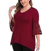 TIANZHU Women's Plus Size Top 3/4 Lace Bell Sleeve Shirt V Neck Dressy Tunic Blouse