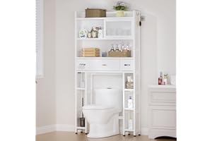 Cozivolife Over The Toilet Storage Cabinet with Acrylic Sliding Door Panel, Bamboo Organizer Shelf with 2 Paper Drawers and 1 Big Drawer,Space Saver Rack for Bathroom (White)