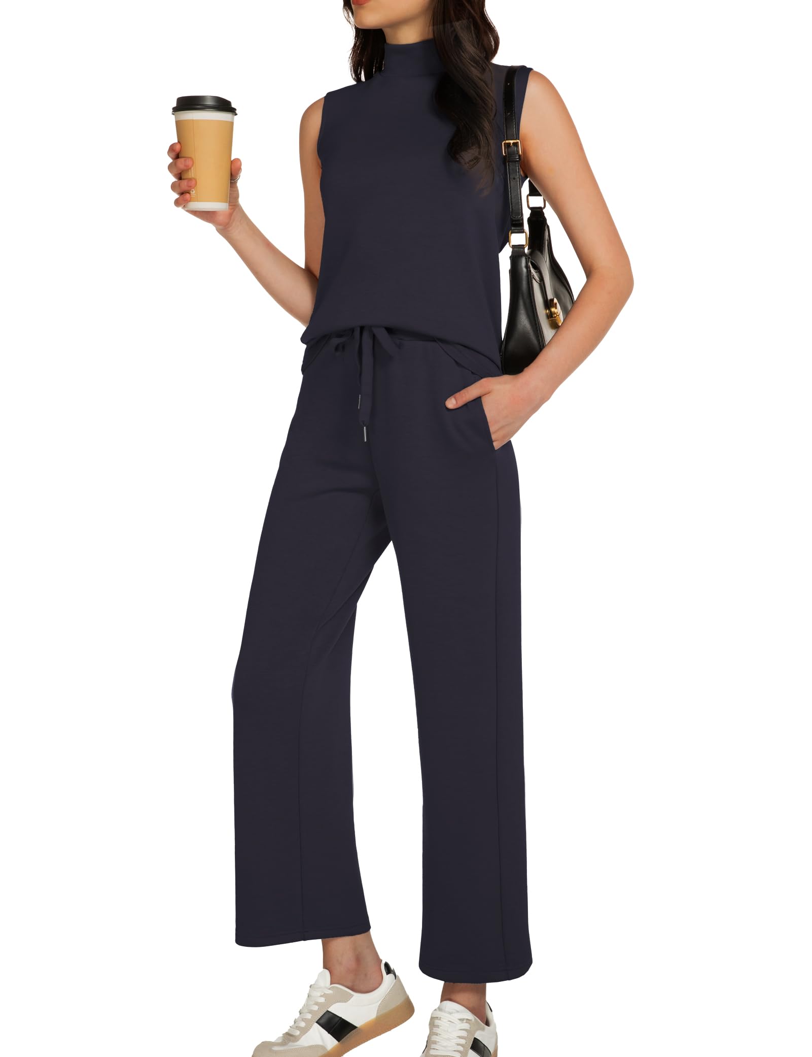 Photo 1 of Casly Lamiit Women 2 Piece Outfits 2025 Spring Summer Loungewear Set Cropped Pants Matching Set Fashion Aesthetic Outfits Sleeveless High Neck Top Clothing Tracksuit Navy Blue Petite XS