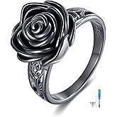 Flower Rose Locket Urn Ring for Ashes for Loved One Vintage Black Rose Ashes Ring Sterling Silver Keepsake Memorial Jewelry Cremation Rings for Women Size 8