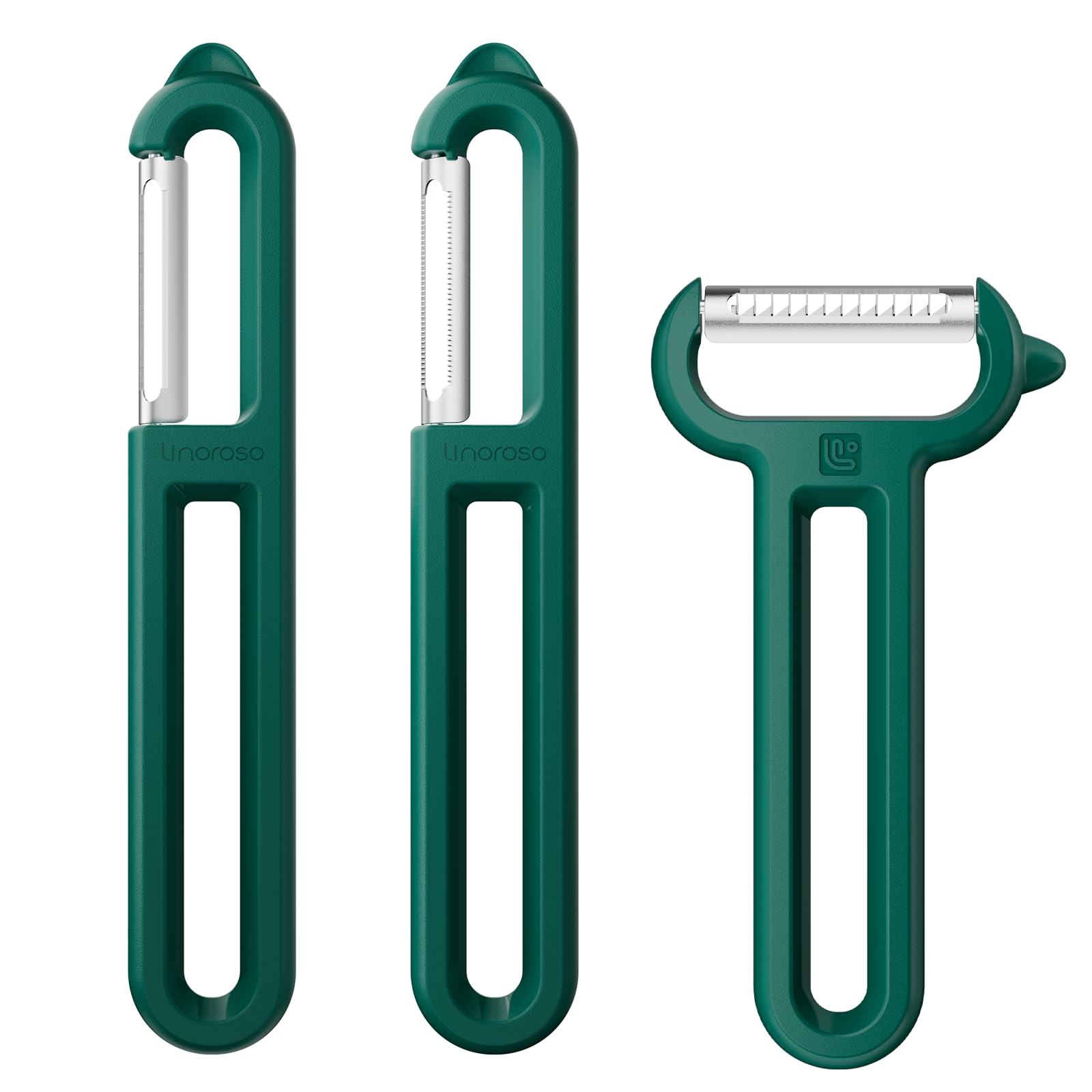 Linoroso 3PCS Peeler with Pointed Tips I-Shaped Smooth and Serrated Blade, Y-Shaped Julienne Blade for Peeling and Striping Fruits and Vegetables, Sharpness, Smoothness and Comfortable Grip - Green