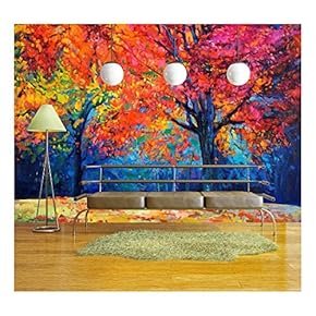 Oil Painting Showing Beautiful Autumn Forest on Canvas. Modern Impressionism - Removable Wall Mural | Self-Adhesive Large Wallpaper - 66x96 inches