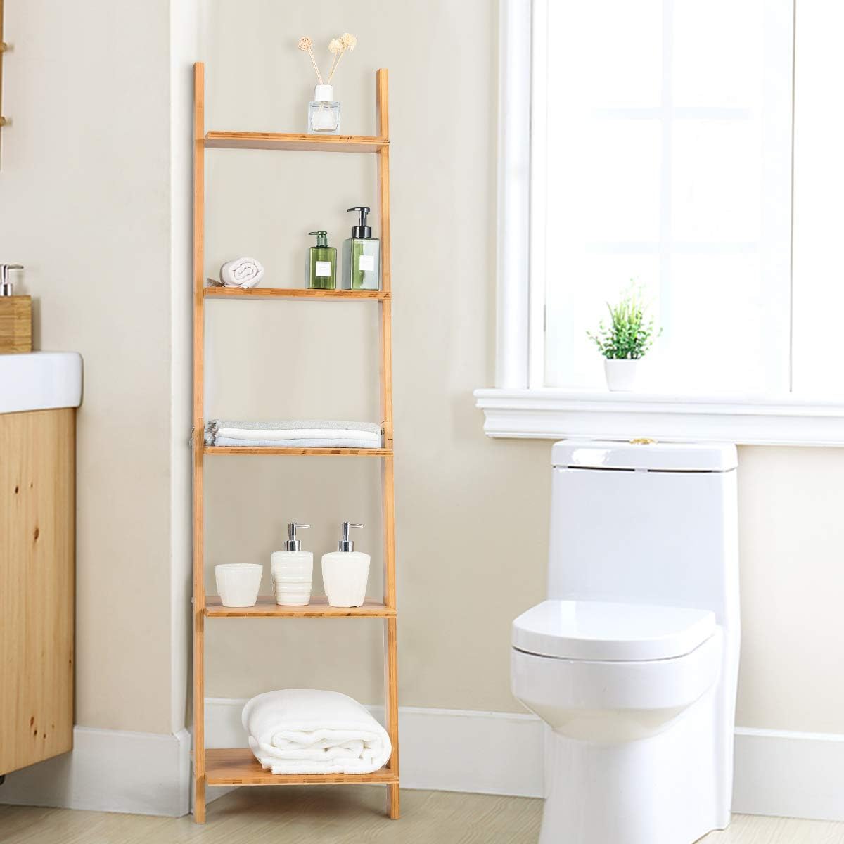 Tangkula 5-Tier Ladder Shelf Bookshelf, Natural Bamboo Wall-Leaning Bookshelf, Plant Flower Stand, Storage Display Shelves for Living Room Bathroom Office, Multifunctional Ladder Bookcase (Natural): Kitchen & Dining