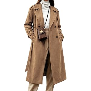 chouyatou Women Faux Suede Trench Coat Double Breasted Overcoat with Belt