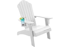 hOmeHua Oversized Plastic Weather Resistant Adirondack Chair with Cup Holder, Imitation Wood Stripes,Easy Assemble & Maintain,Outdoor Chair for Patio, Backyard Deck, Fire Pit Lawn Porch- White