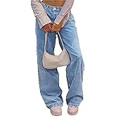 Straight Leg Jeans for Women Casual Washed Vintage Wide Fit Boyfriend Baggy Low Waisted Denim Pants with Snap-Button