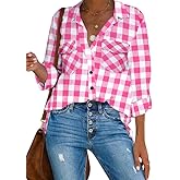 HOTOUCH Cute Flannel Plaid Shirts for Womens Roll Up Long Sleeve Button Down Plaid Shirt