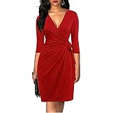 Berydress Women's Classic 3/4 Sleeve V Neck Sheath Casual Party Work Faux Black Wrap Dress