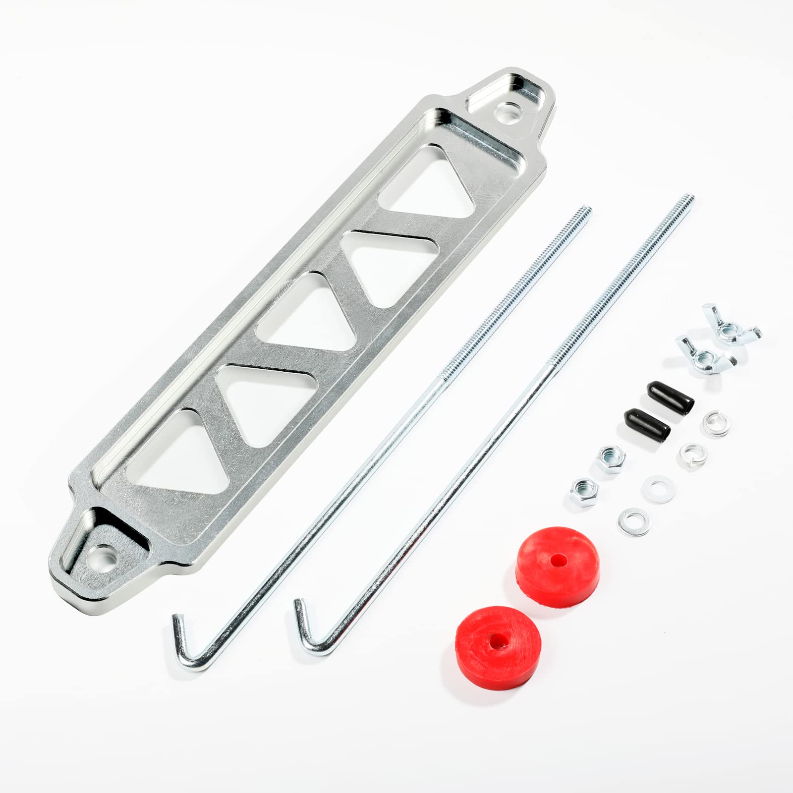 Photo 1 of Battery Hold Down Bracket Holder, Car Battery Holder Kit with 10in J bolts,Aluminum Alloy Battery Tie Down Mount Bracket, Battery Tray for Car Battery Mount Bracket Hold Lock Accessories (Silver)