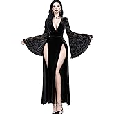 InGoticos Women Gothic V Neck Sexy High Slit Witch Sleeve Lace Contrast Dark Goth Dress