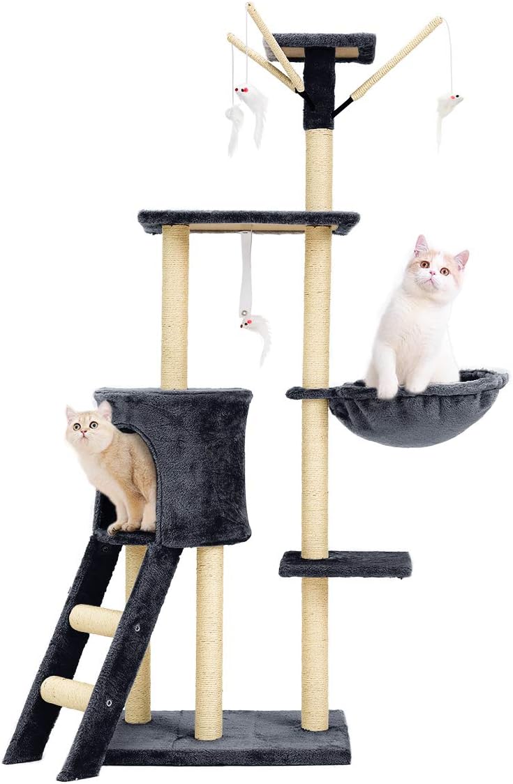 Mellcom Cat Tree Condo with Scratching Posts Perches, Cat Basket Lounger and Ladder, 56" Multi-Level Deluxe Cat Tower Kitten Play House (Grey) : Pet Supplies