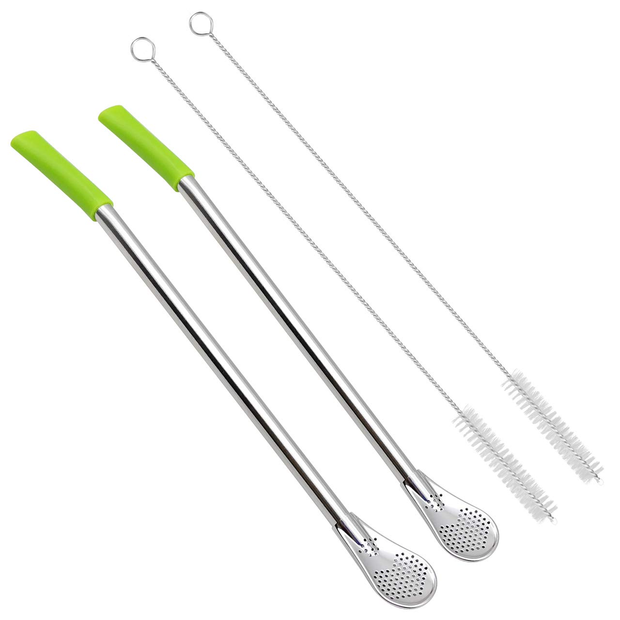 Photo 1 of GFDesign 8.3 Inches Long Yerba Mate Bombilla Gourd Drinking Filter Straws Soft Heatproof Silicone Tips Food-Grade 18/8 Stainless Steel & Silicone - Set of 2 with Silicone Tips & Cleaning Brushes