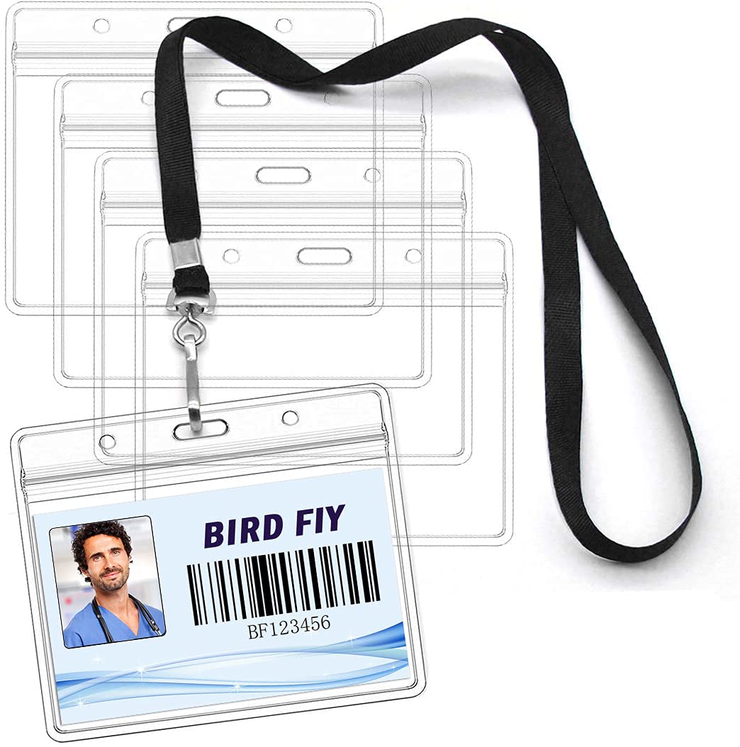 Bird Fiy Waterproof Name Badge ID Card Holder with Black Lanyard Name tag for Business,Office and School (Horizontal)