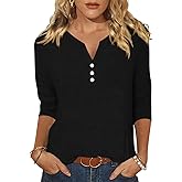EADINVE Womens 3/4 Sleeve T-Shirts V Neck Buttons Tops Basic Tee Solid Color Blouse Loose Fit Pullover Summer Shirts 2024