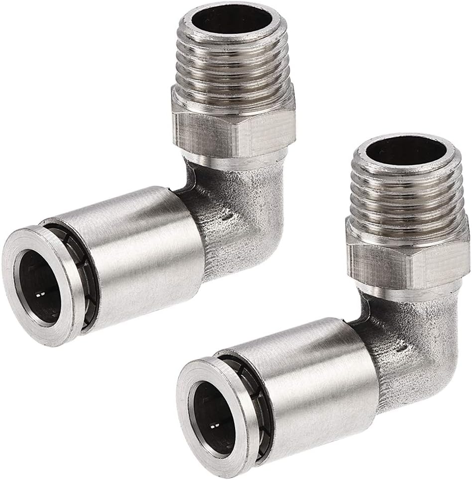 sourcing map Push to Connect Tube Fitting 8mm Tube to 1/4PT Male Elbow L Shape 2Pcs, Copper
