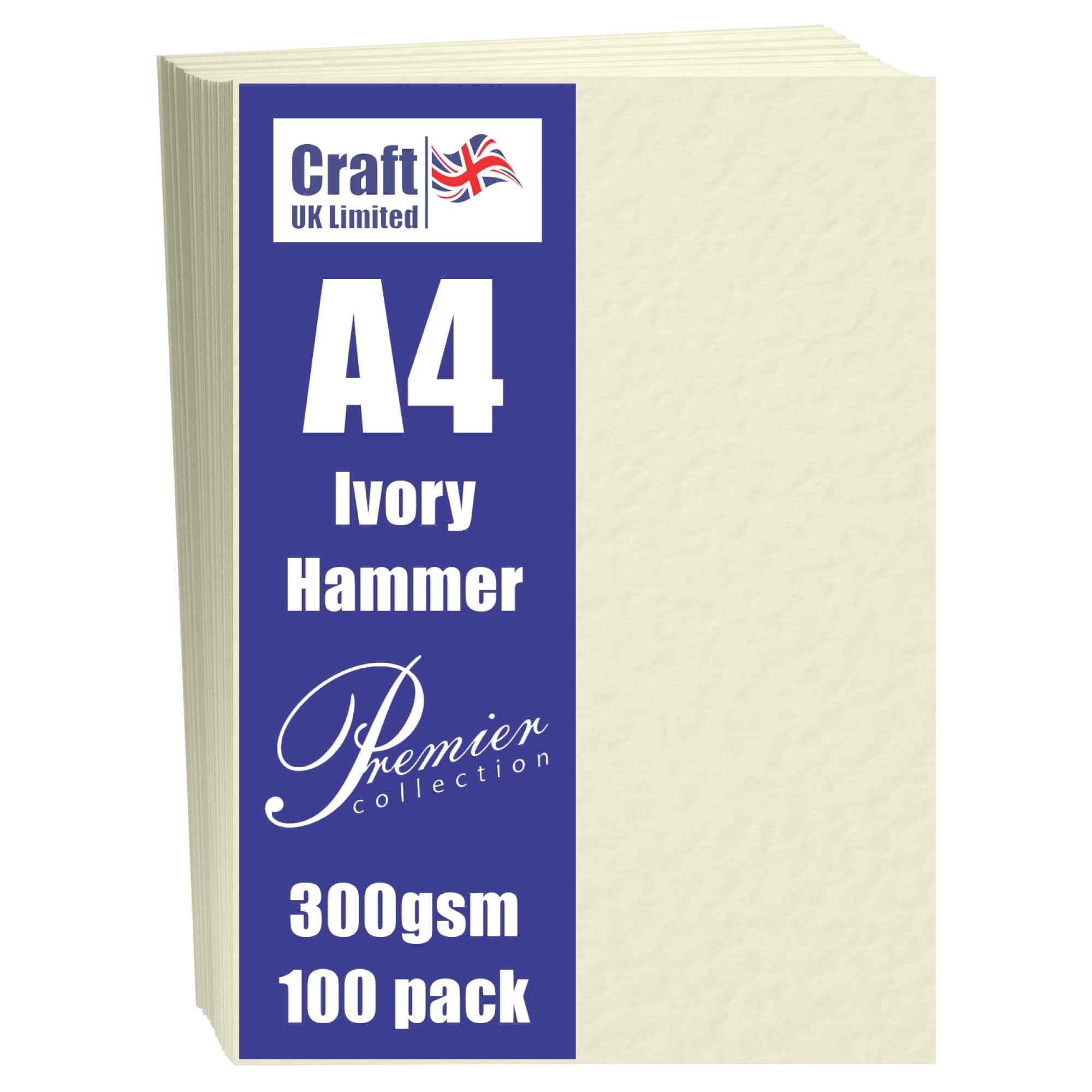 Craft UK, 100 A4 Card, Hammered Cardstock Paper for Invitations and More, 300gsm, Made in the UK, Lasting Quality, Ivory
