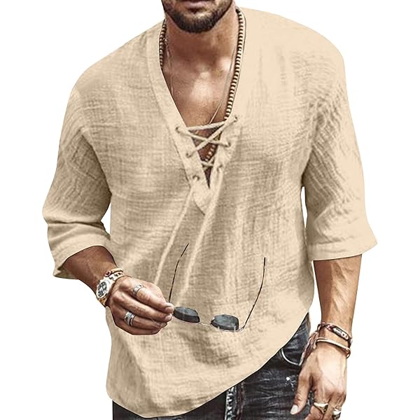 ZWRXW Linen Tshirts for Men Lace Up Casual Baggy Summer Beach