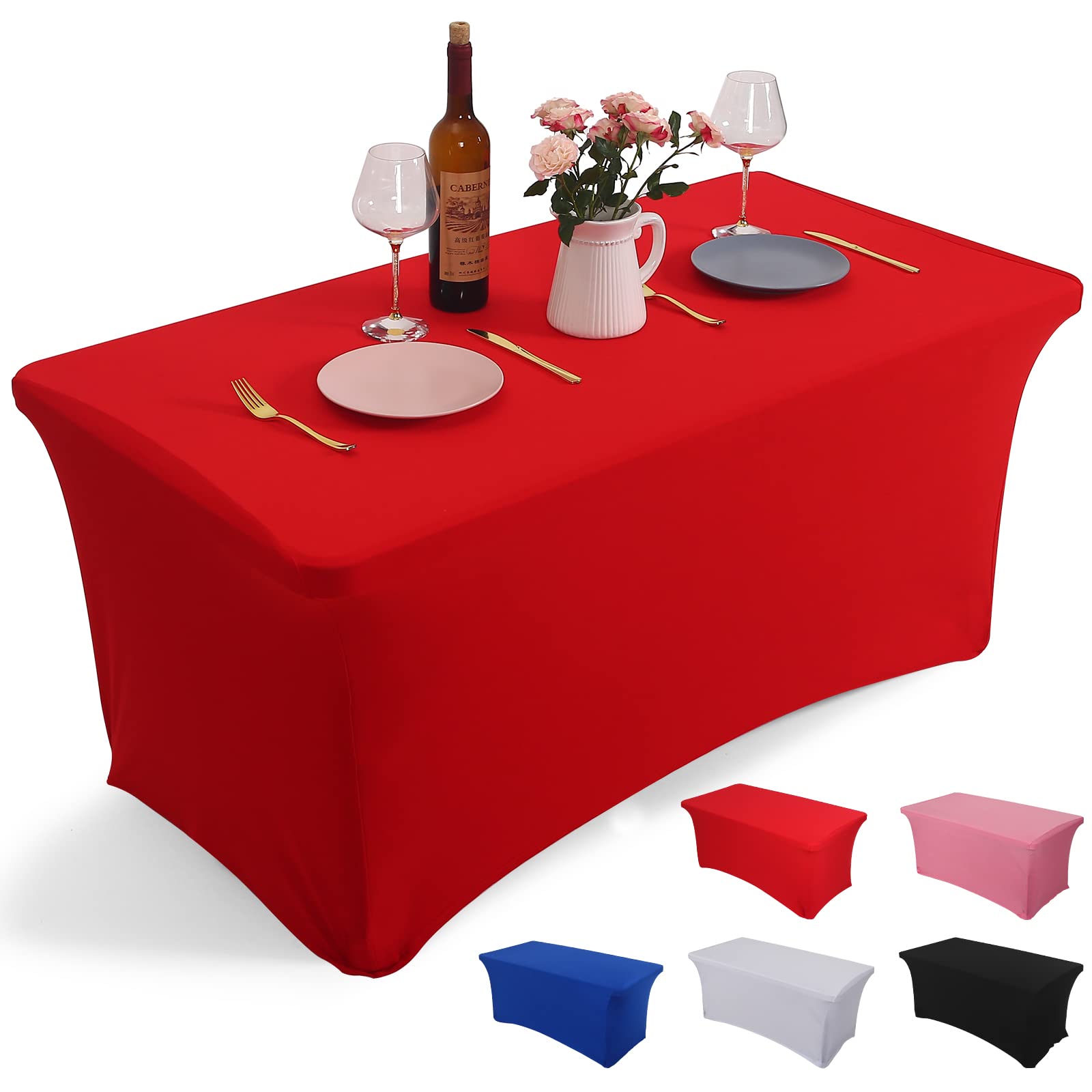 Rainberg Spandex Table Cover, Black Tablecloth 6FT, Washable and Wrinkle Resistant Stretch Rectangular Patio Table Cover for Event, Wedding, Banquet & Parties. (183Lx76Wx76H) cm (Red, 4FT)
