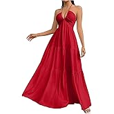 SHENHE Women's Deep V Neck Tie Knot Backless Halter Dress A Line Flowy Ruffle Maxi Dress