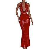 Memoriesea Women's Luxury Metallic Halter Neck Bodycon Party Evening Gown Maxi Dress