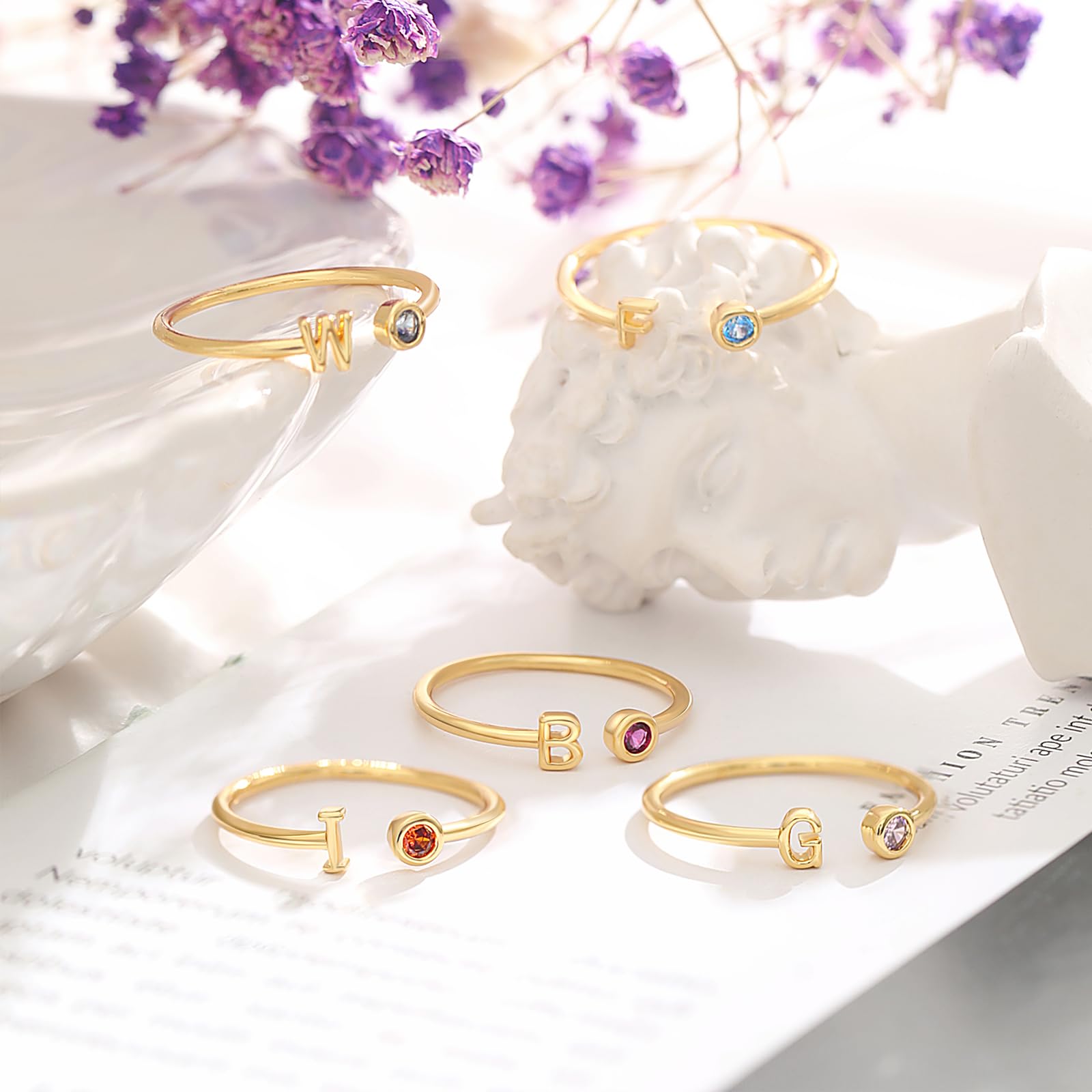 FUNEIA Initial Birthstone Rings for Women Non Tarnish Trendy Stackable Dainty Gold Letter Adjustable Emerald Green Cubic Zirconia Ring for Mothers Daughter Birthday Bridesmaid Gifts Jewelry