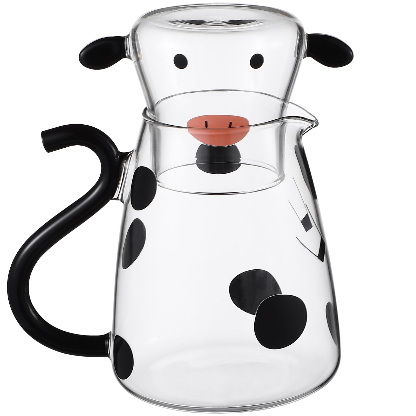 Cabilock Glass Water Pitcher with Lid Bedside Water Carafe Cow Shape Glass Jug with Cup for Juice Beverage Tea Milk 550ml